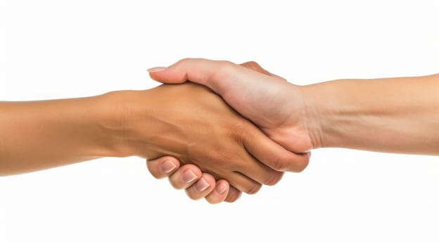 Close-up of a firm handshake between two people with different skin tones, isolated on a white background.