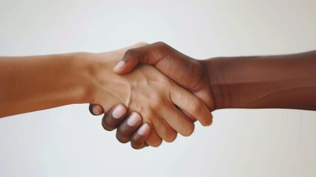 A symbolic handshake between two individuals of different ethnicities on a clean white background.