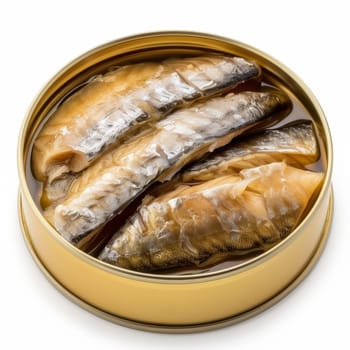 Top view of an opened can filled with mackerel fish preserved in brine, on a white background.