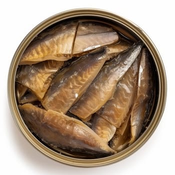 Overhead view of canned fish fillets immersed in oil, captured against a white backdrop.