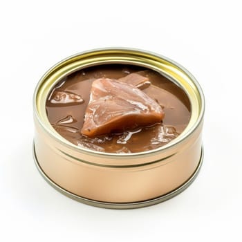 Open can displaying neatly packed slices of tuna submerged in oil, shot on a white background.