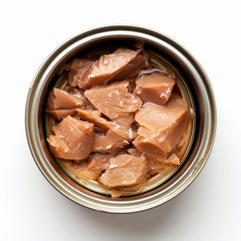 Overhead view of an open can showing chunks of tuna fish preserved in oil, set against a clean white background.