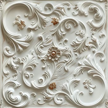 Artistic white decorative 3D wall pattern featuring elaborate swirls and curves, providing a sophisticated backdrop.