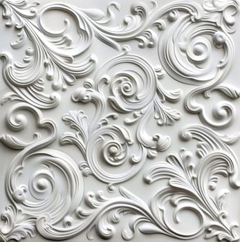 Artistic white decorative 3D wall pattern featuring elaborate swirls and curves, providing a sophisticated backdrop.