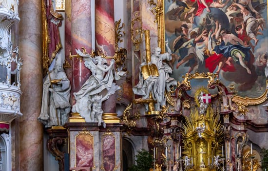 OTTOBEUREN, BAVARIA, GERMANY, JUNE 04, 2022 : interiors, frescoes and architectural decors of  Ottobeuren abbey basilica