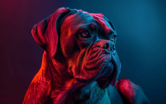 Dramatic portrait of a Boxer dog with a vibrant, colorful light display that accentuates its features against a dark background.