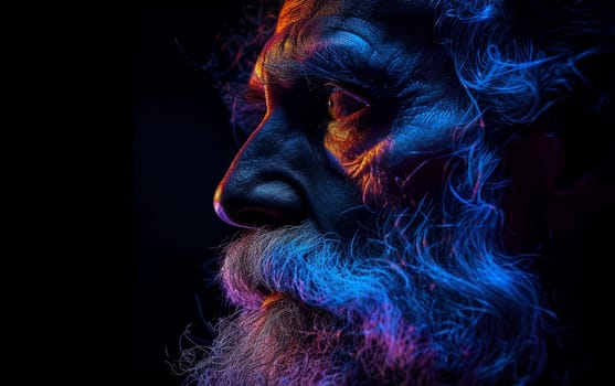 Close-up portrait of a bearded man illuminated by vibrant neon lights, creating a dramatic and colorful visual effect.