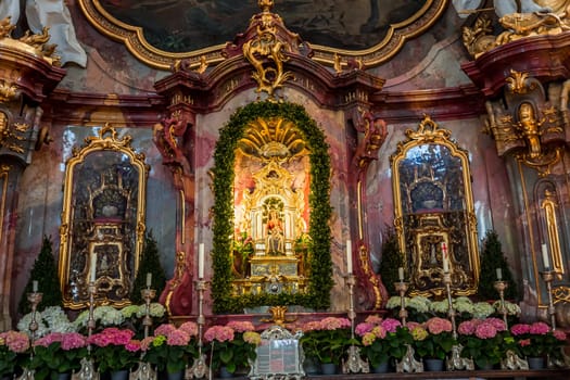 OTTOBEUREN, BAVARIA, GERMANY, JUNE 04, 2022 : interiors, frescoes and architectural decors of  Ottobeuren abbey basilica