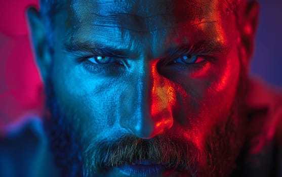 A man's face intensely lit with neon colors, casting vivid shadows and highlights that accentuate his features.