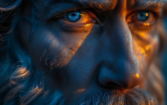 A man's face captured during the golden hour, with warm sunlight casting a serene glow and accentuating his features.