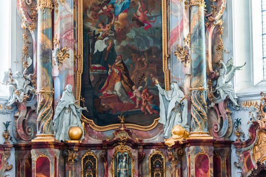 OTTOBEUREN, BAVARIA, GERMANY, JUNE 04, 2022 : interiors, frescoes and architectural decors of  Ottobeuren abbey basilica