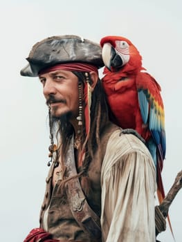 Detailed portrait of a man dressed as a pirate with a vivid red parrot perched on his shoulder, evoking iconic seafaring imagery.