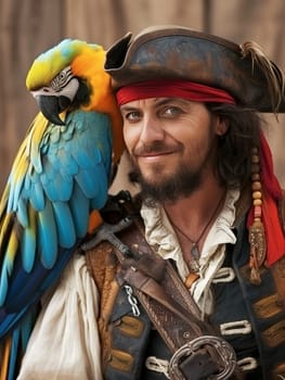 Portrait of a man dressed as a pirate with a colorful macaw perched on his shoulder, both gazing into the distance