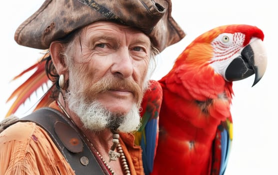 Elderly pirate with weathered features posing alongside a vivid red parrot against a white background