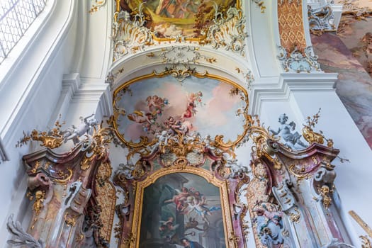 OTTOBEUREN, BAVARIA, GERMANY, JUNE 04, 2022 : interiors, frescoes and architectural decors of  Ottobeuren abbey basilica