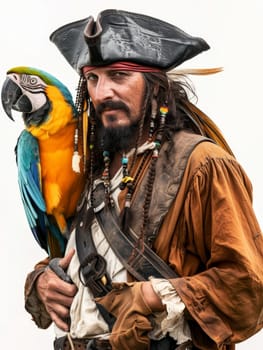 Detailed shot of a pirate character in full costume, complete with a blue and yellow macaw on his shoulder