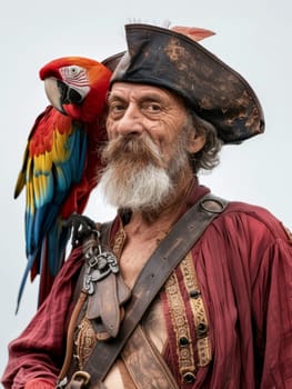 Elderly pirate with weathered features posing alongside a vivid red parrot against a white background