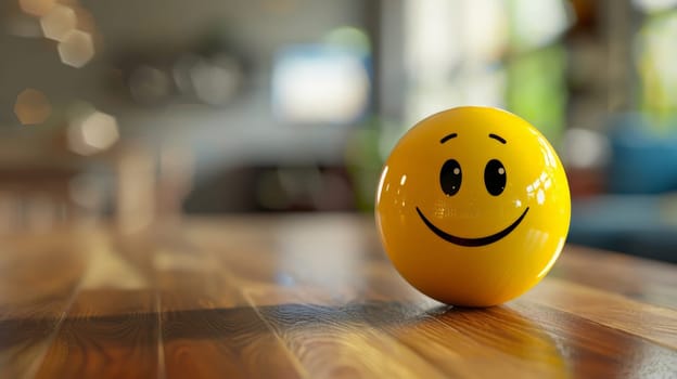 3D yellow smiley face joy on top of a table, with copy space to of background blurred.