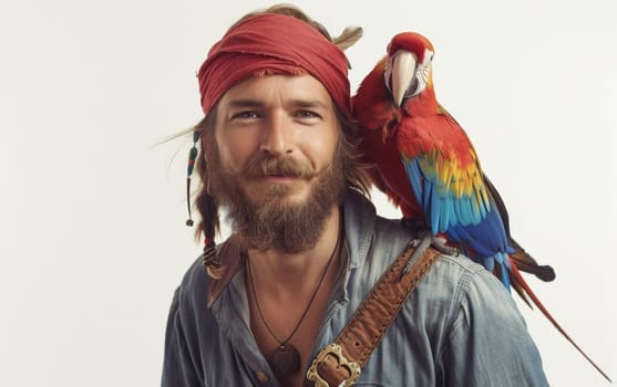 Photo of a bearded man in a pirate-inspired outfit with a red bandana, accompanied by a vibrant red macaw on his shoulder, against a white background.