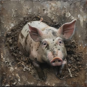 Detailed painting of a pig lying contentedly in mud, with a focus on its satisfied expression and the textured mud surrounding it.