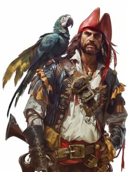 Illustration of a rugged pirate in traditional attire with a green parrot on his shoulder, set against a plain background.