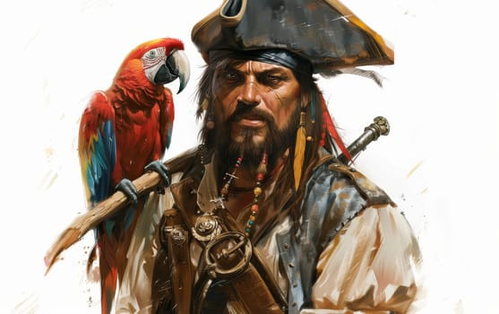 Illustration of a stern pirate captain with a weathered face and a colorful parrot perched on his shoulder, set against a white backdrop.