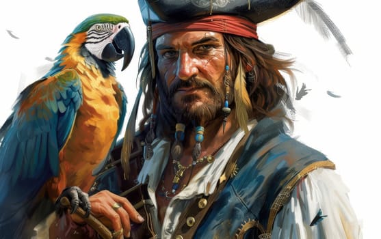 Illustration of a stern pirate captain with a weathered face and a colorful parrot perched on his shoulder, set against a white backdrop.