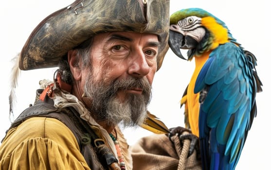 Detailed shot of a pirate character in full costume, complete with a blue and yellow macaw on his shoulder