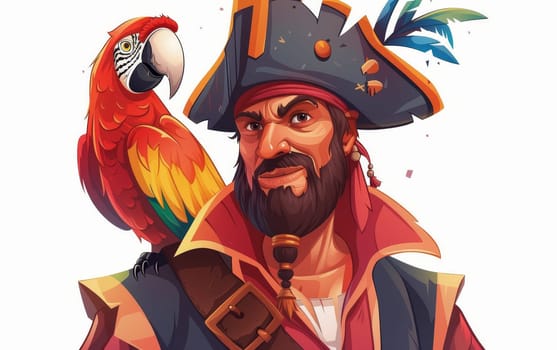 Cartoon depiction of a charismatic pirate with a colorful parrot, featuring bold colors and a playful design.