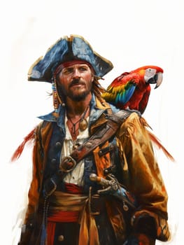 Realistic painting of a stoic pirate with intense gaze and a red macaw, capturing a sense of adventure and history.