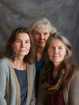 Three generational women posing intimately against a textured backdrop, reflecting familial warmth and history.