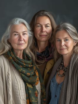 Three mature women with striking features and silver hair stand closely together against a dark backdrop, exuding warmth and familial bonds.