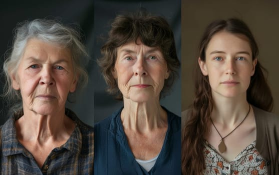 Close-up triptych of three generations of women, from senior to young adult, each with a distinctive expression and character.