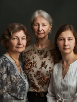 Formal portrait of a mother, daughter, and granddaughter, showcasing a strong familial bond and elegant poise.