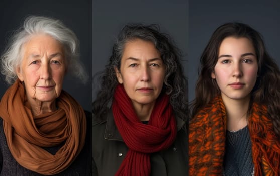 Portraits of the same woman at three life stages: as a girl, an adult, and an elderly. A journey through time