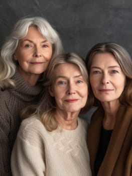 Three women from different generations, united in familial warmth, captured in a close-knit portrait with a soft backdrop.