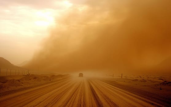 Vehicle traversing a dusty road under the engulfing swirls of a massive sandstorm in a desolate desert landscape.