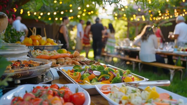 Outdoor meal in a courtyard together, Dining table food outdoors concept.