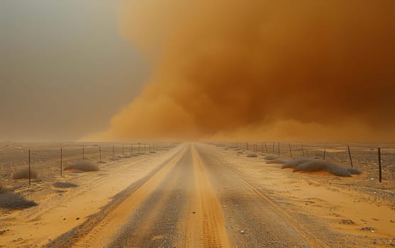 Towering wall of sand engulfs the horizon on a remote desert road, signaling an imminent sandstorm under a clear sky