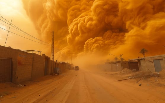 Intense sandstorm rapidly advancing through a residential area, overwhelming structures with a powerful surge of sand