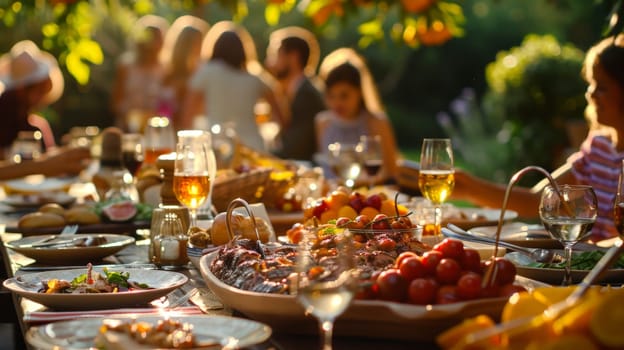 Outdoor meal in a courtyard together, Dining table food outdoors concept.