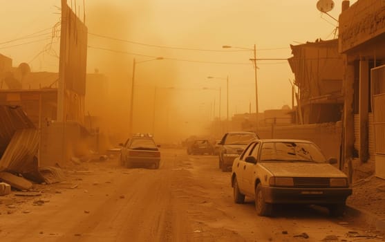 A dense dust storm descends upon a desert town, reducing visibility and coating the urban landscape in a gritty layer