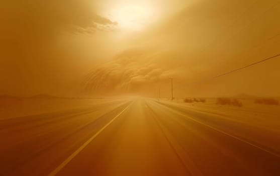 Impressive sandstorm sweeps across a desert highway under a sunlit sky, dramatic contrast between calm and chaos