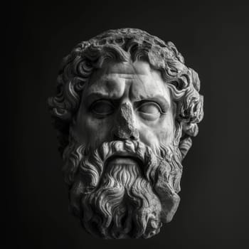 A classic bust of an ancient philosopher with a solemn expression, carved from marble against a dark background