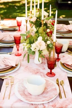 Summer holiday tablescape, pink formal dinner table setting, table scape with elegant tableware and dinnerware for wedding party and event decor idea