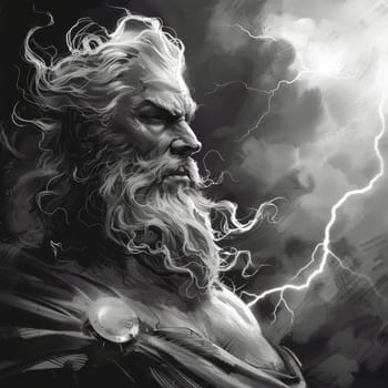 Dramatic black and white illustration of a mythological thunder god, his hair and beard flowing with the storm's fury