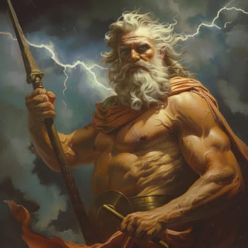 Majestic artwork of Zeus holding a lightning bolt, embodying the might and authority of the ancient deity of sky and thunder