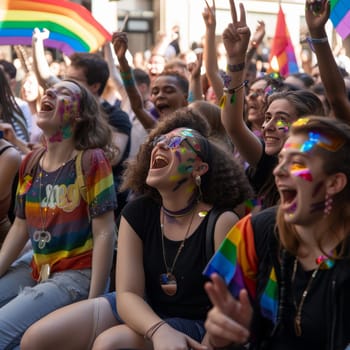 Ecstatic young people celebrating at a Pride parade, adorned with rainbow colors and vibrant face paint under a sunny sky