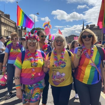 Vibrant group of individuals marching in a Pride parade, festively dressed in rainbow colors and waving flags