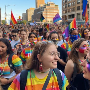 Energetic crowd basking in the sunlight during a Pride parade, draped in rainbow flags and exhibiting a sense of freedom and joy